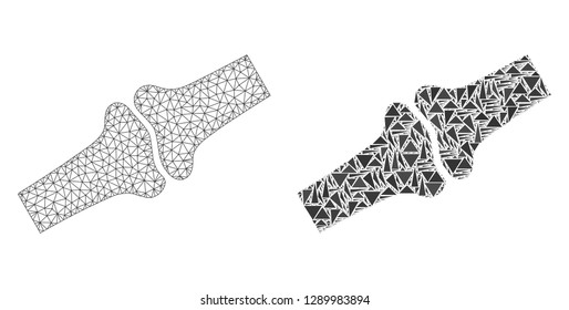 Mesh vector bone joint with flat mosaic icon isolated on a white background. Abstract lines, triangles, and points forms bone joint icons. Wire frame flat triangular line mesh in vector format,