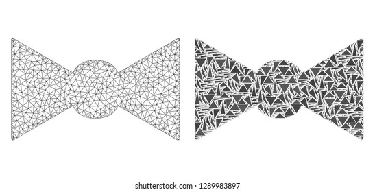 Mesh vector bow tie with flat mosaic icon isolated on a white background. Abstract lines, triangles, and points forms bow tie icons. Wire carcass flat polygonal linear mesh in vector format,