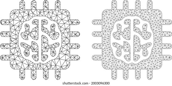 Iconos de chip cerebral vectorial de malla. Mesh wireframe imágenes de chip cerebral en un estilo de polos bajo con triángulos estructurados, nodos y elementos lineales. Composición en malla de un chip cerebral triangulado, sobre un fondo blanco.