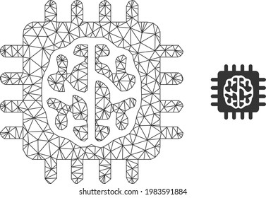 Mesh vector brain chip image with flat icon isolated on a white background. Wire carcass 2D triangular linear mesh for brain chip icon. Lines and points forms brain chip icon.