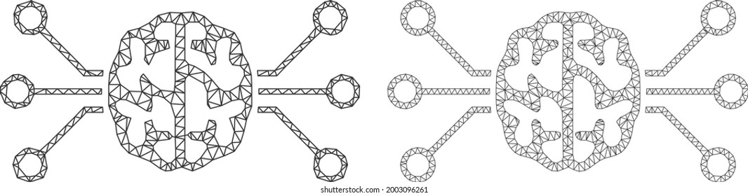 Mesh vector brain circuit icons. Mesh wireframe brain circuit images in low poly style with organized triangles, points and linear items. Mesh illustration of triangulated brain circuit,