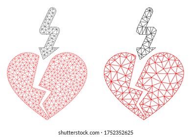 Icono de corazón de ruptura de vector de malla. El alambre poligonal rompe la imagen del corazón de amor en un estilo bajo con triángulos estructurados, puntos y elementos lineales. Ilustración en malla del corazón de amor de ruptura triangulado,