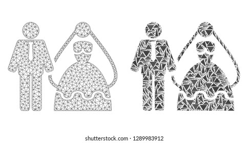 Mesh vector bride and groom with flat mosaic icon isolated on a white background. Abstract lines, triangles, and points forms bride and groom icons.