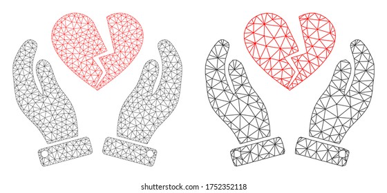 Icono de las manos de cuidado cardíaco con vector de malla rota. Mesh wireframe imagen de manos de cuidado cardíaco roto en estilo bajo con triángulos, nodos y líneas organizados. Concepto de malla de manos trianguladas de cuidados cardíacos rotos,