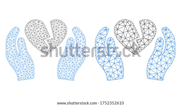 Mesh vector broken heart care palms icon. Mesh\
wireframe broken heart care palms image in lowpoly style with\
structured triangles, nodes and lines. Mesh model of triangulated\
broken heart care palms,