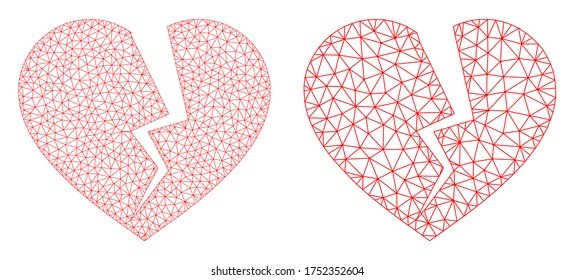 Mesh vector broken heart icon. Mesh wireframe broken heart image in lowpoly style with structured triangles, nodes and linear items. Mesh concept of triangulated broken heart, on a white background.