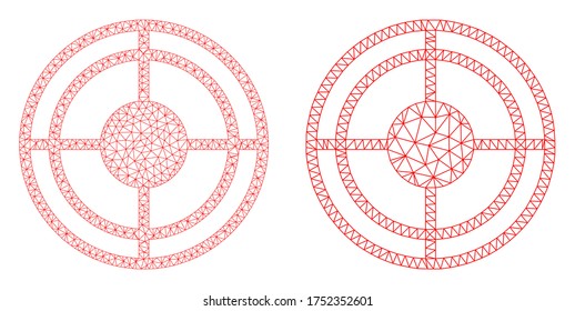 Mesh vector bullseye icon. Mesh wireframe bullseye image in lowpoly style with connected triangles, dots and lines. Mesh model of triangulated bullseye, on a white background.