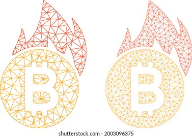 Iconos de bitcoin de quema vectorial de malla. Las canales de malla queman imágenes de bitcoin en un estilo de baja densidad con triángulos, puntos y líneas organizados. Ilustración en malla de bitcoína quemada triangulada, sobre fondo blanco.