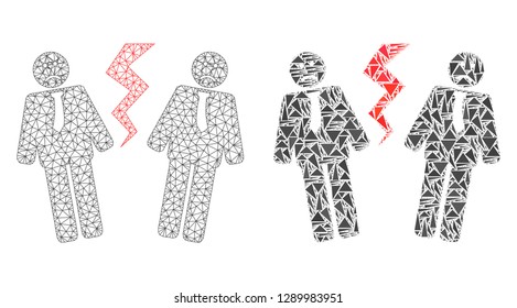 Mesh vector businessmen conflict with flat mosaic icon isolated on a white background. Abstract lines, triangles, and points forms businessmen conflict icons.