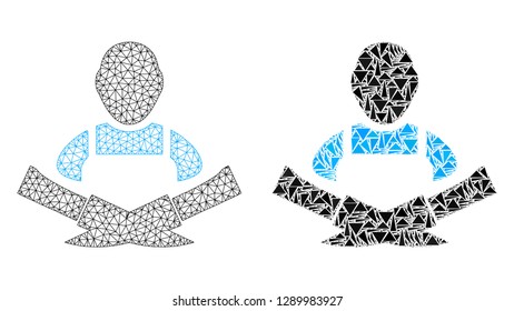 Mesh vector butcher with flat mosaic icon isolated on a white background. Abstract lines, triangles, and points forms butcher icons. Wire frame flat polygonal line mesh in vector format,