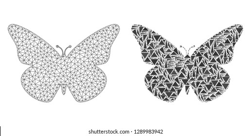 Mesh vector butterfly with flat mosaic icon isolated on a white background. Abstract lines, triangles, and points forms butterfly icons. Wire carcass flat triangular line mesh in vector format,