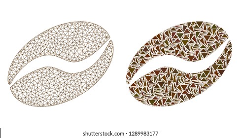 Mesh vector cacao bean with flat mosaic icon isolated on a white background. Abstract lines, triangles, and points forms cacao bean icons. Wire carcass flat polygonal linear mesh in vector format,