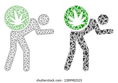 Mesh vector cannabis courier with flat mosaic icon isolated on a white background. Abstract lines, triangles, and points forms cannabis courier icons.