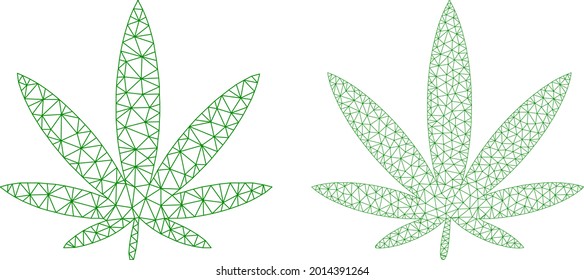 Mesh vector cannabis icons. Polygonal carcass cannabis images in lowpoly style with combined triangles, dots and linear items. Mesh concept of triangulated cannabis, on a white background.
