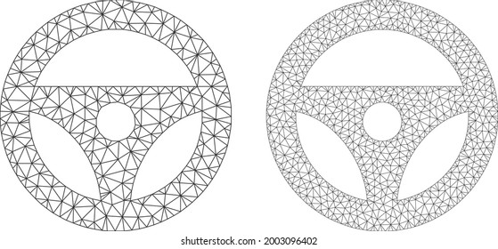 Iconos del volante de la dirección del vehículo vector de malla. Mesh wireframe imágenes del volante del coche en un estilo de polos bajo con triángulos organizados, puntos y elementos lineales. el concepto de malla del volante triangulado del automóvil,
