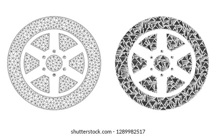 Mesh vector car wheel with flat mosaic icon isolated on a white background. Abstract lines, triangles, and points forms car wheel icons. Wire carcass flat polygonal linear mesh in vector format,