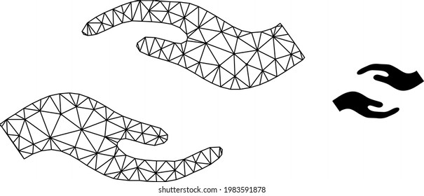 Mesh vector care hands image with flat icon isolated on a white background. Wire frame flat polygonal linear mesh for care hands icon. Lines and points forms care hands icon.