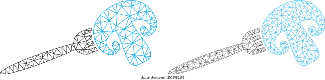 Mesh vector champignon fork icons. Polygonal carcass champignon fork images in lowpoly style with connected triangles, nodes and lines. Mesh illustration of triangulated champignon fork,