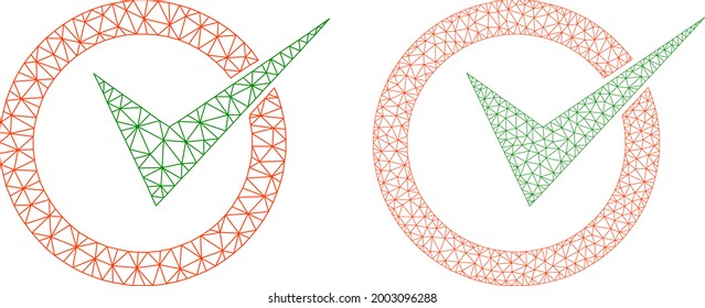 Mesh vector checkbox circle icons. Mesh wireframe checkbox circle images in low poly style with connected triangles, dots and lines. Mesh model of triangulated checkbox circle, on a white background.