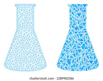 Mesh vector chemical retort with flat mosaic icon isolated on a white background. Abstract lines, triangles, and points forms chemical retort icons.