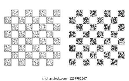 Mesh vector chess board with flat mosaic icon isolated on a white background. Abstract lines, triangles, and points forms chess board icons. Wire carcass flat triangular linear mesh in vector format,