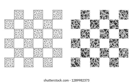 Mesh vector chess board with flat mosaic icon isolated on a white background. Abstract lines, triangles, and points forms chess board icons. Wire frame flat triangular linear mesh in vector format,
