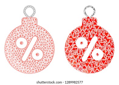 Mesh vector christmas discount ball with flat mosaic icon isolated on a white background. Abstract lines, triangles, and points forms christmas discount ball icons.