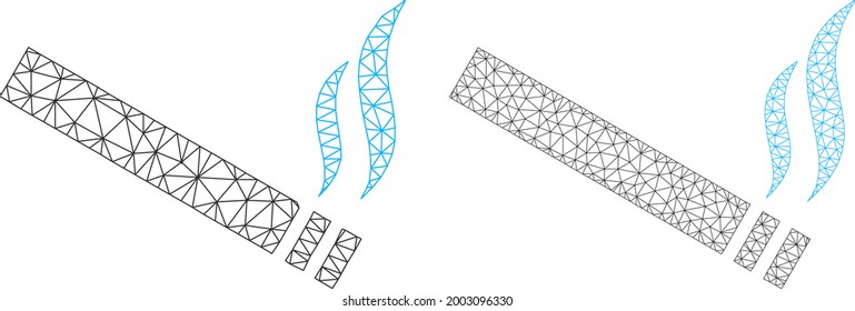 Mesh vector cigarette smoke icons. Mesh carcass cigarette smoke images in lowpoly style with combined triangles, nodes and linear items. Mesh model of triangulated cigarette smoke,