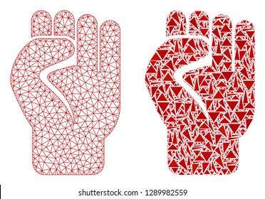 Mesh vector clenched fist with flat mosaic icon isolated on a white background. Abstract lines, triangles, and points forms clenched fist icons. Wire frame flat polygonal line mesh in vector format,