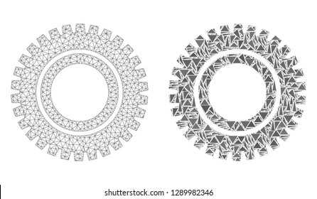 Mesh vector clock gear with flat mosaic icon isolated on a white background. Abstract lines, triangles, and points forms clock gear icons. Wire frame flat polygonal line mesh in vector format,