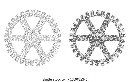 Mesh vector clock gearwheel with flat mosaic icon isolated on a white background. Abstract lines, triangles, and points forms clock gearwheel icons.