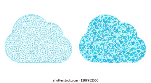Mesh vector cloud with flat mosaic icon isolated on a white background. Abstract lines, triangles, and points forms cloud icons. Wire frame flat polygonal linear mesh in vector format,