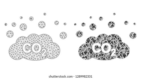 Mesh vector CO2 gas emission with flat mosaic icon isolated on a white background. Abstract lines, triangles, and points forms CO2 gas emission icons.