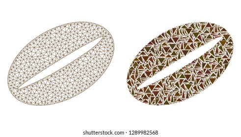 Mesh vector coffee bean with flat mosaic icon isolated on a white background. Abstract lines, triangles, and points forms coffee bean icons. Wire frame flat polygonal linear mesh in vector format,