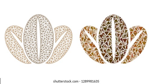 Mesh vector coffee beans with flat mosaic icon isolated on a white background. Abstract lines, triangles, and points forms coffee beans icons. Wire carcass flat polygonal line mesh in vector format,