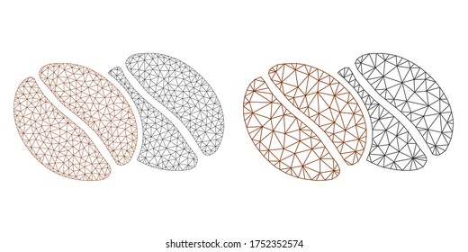 Mesh vector coffee beans icon. Mesh carcass coffee beans image in low poly style with connected triangles, nodes and lines. Mesh concept of triangulated coffee beans, on a white background.