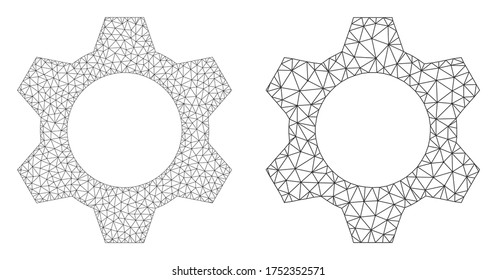 Mesh vector cog icon. Mesh carcass cog image in lowpoly style with structured triangles, nodes and lines. Mesh composition of triangulated cog, on a white background.