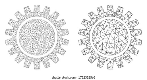 Mesh vector cogwheel icon. Polygonal wireframe cogwheel image in low poly style with organized triangles, nodes and linear items. Mesh model of triangulated cogwheel, on a white background.