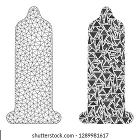 Mesh vector condom with flat mosaic icon isolated on a white background. Abstract lines, triangles, and points forms condom icons. Wire frame flat polygonal linear mesh in vector format,