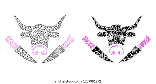 Mesh vector cow butchery with flat mosaic icon isolated on a white background. Abstract lines, triangles, and points forms cow butchery icons. Wire carcass flat polygonal linear mesh in vector format,
