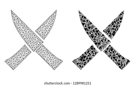 Mesh vector crossing knives with flat mosaic icon isolated on a white background. Abstract lines, triangles, and points forms crossing knives icons.