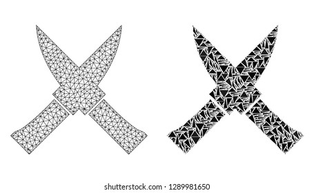 Mesh vector crossing knives with flat mosaic icon isolated on a white background. Abstract lines, triangles, and points forms crossing knives icons.
