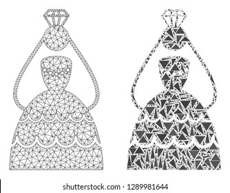 Mesh vector crowned bride with flat mosaic icon isolated on a white background. Abstract lines, triangles, and points forms crowned bride icons. Wire carcass flat polygonal line mesh in vector format,