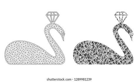 Mesh vector crowned swan with flat mosaic icon isolated on a white background. Abstract lines, triangles, and points forms crowned swan icons. Wire carcass flat polygonal line mesh in vector format,