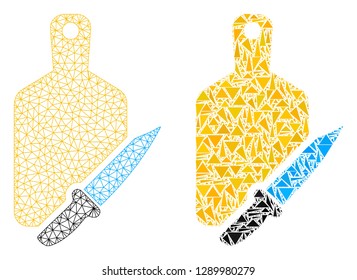 Mesh vector cutting board and knife with flat mosaic icon isolated on a white background. Abstract lines, triangles, and points forms cutting board and knife icons.