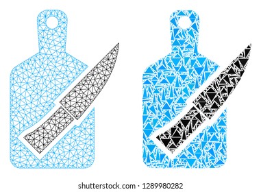 Mesh vector cutting board and knife with flat mosaic icon isolated on a white background. Abstract lines, triangles, and points forms cutting board and knife icons.