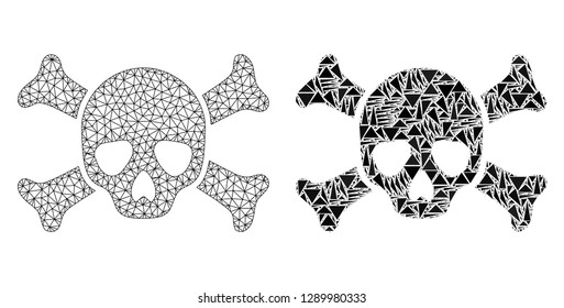Mesh vector death skull with flat mosaic icon isolated on a white background. Abstract lines, triangles, and points forms death skull icons. Wire carcass flat polygonal line mesh in vector format,