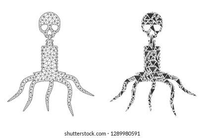 Mesh vector death virus with flat mosaic icon isolated on a white background. Abstract lines, triangles, and points forms death virus icons. Wire frame flat polygonal linear mesh in vector format,