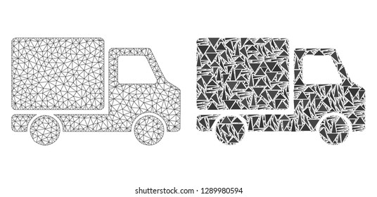 Mesh vector delivery car with flat mosaic icon isolated on a white background. Abstract lines, triangles, and points forms delivery car icons. Wire frame flat polygonal line mesh in vector format,