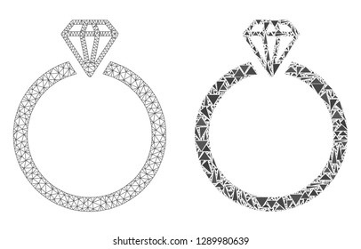 Mesh vector diamond ring with flat mosaic icon isolated on a white background. Abstract lines, triangles, and points forms diamond ring icons. Wire frame 2D triangular line mesh in vector format,